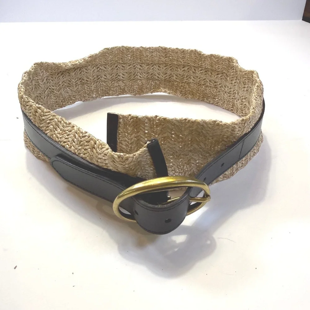 Unbranded Wide Woven Straw Raffia Leather Waist Belt Black Tan Brass Buckle 3in